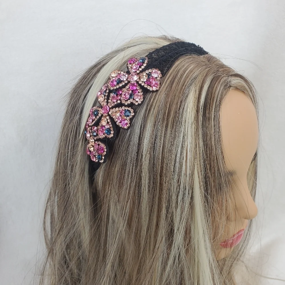 Gold/Pink/Blue Crystal Floral Black Lace Hair Band